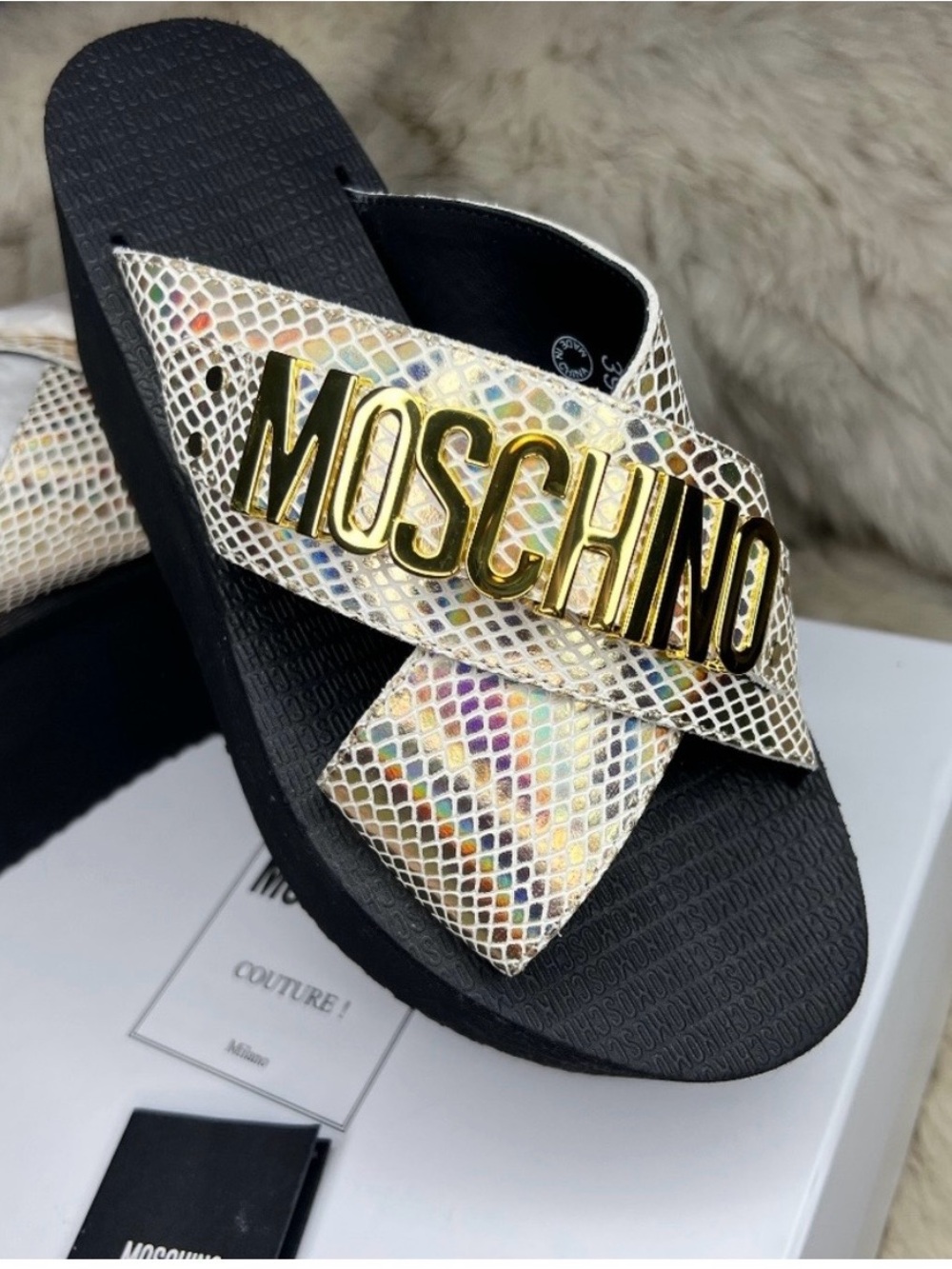 Moschino Iridescent Snake-Print Slides with Gold Logo
